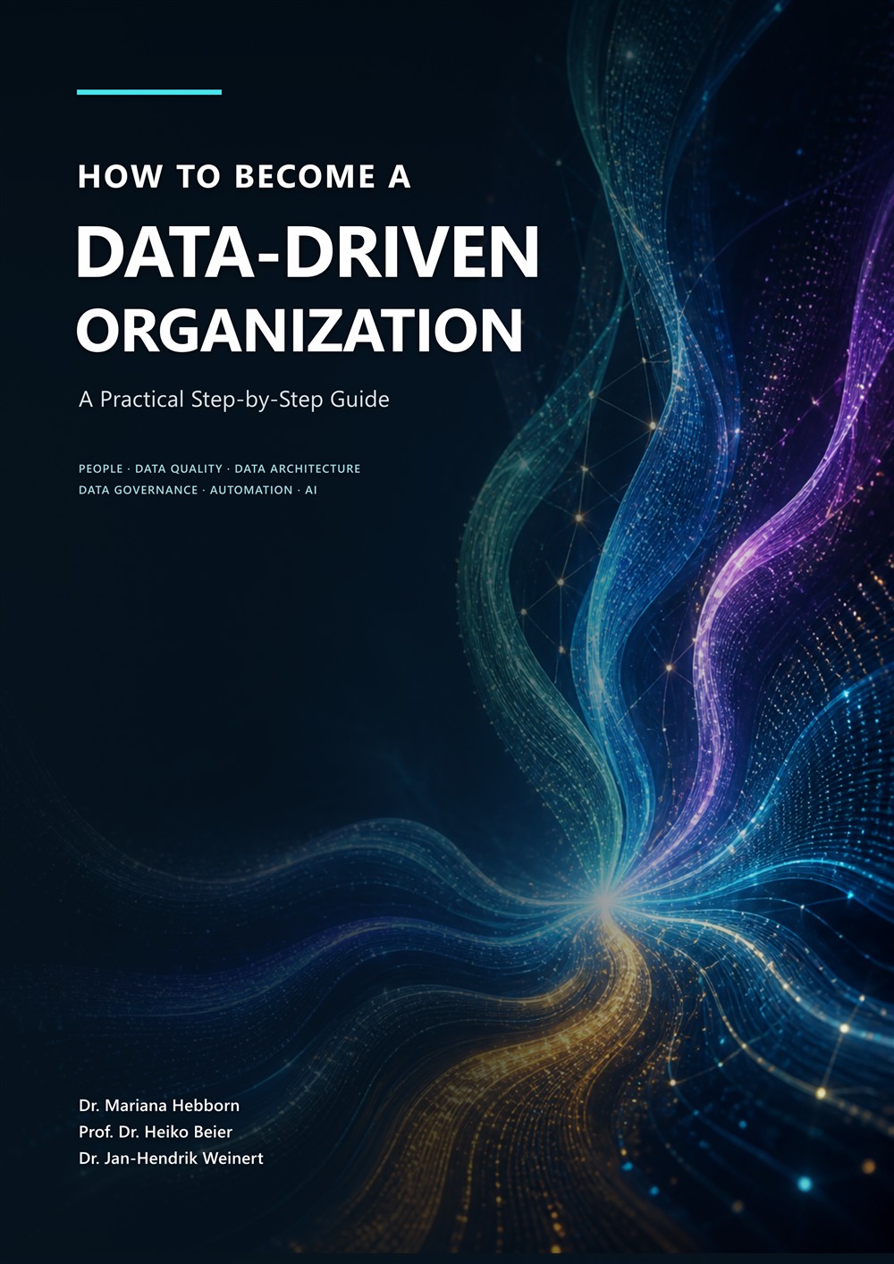 Front cover of How to Become a Data-Driven Organization: A Practical Step-by-Step Guide, by Dr. Mariana Hebborn, Prof. Dr. Heiko Beier and Dr. Jan-Hendrik Weinert.